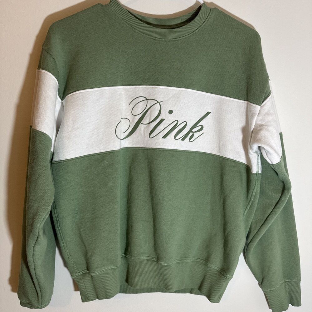 Victoria's Secret PINK Colorblock Cursive Logo Fleece Hoodie XS Green